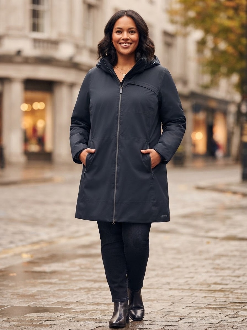 Lands' End PrimaLoft Women's Hooded Mid-Length Coat in Charcoal Black